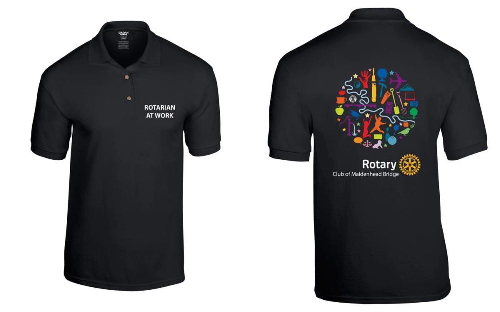 Black polo shirt showing Rotary logos and colorful design on the back, with text on front and back.
