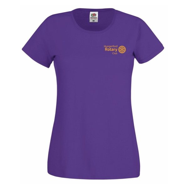 Purple women’s t-shirt with “Hungerford Rotary Club” logo on the left chest.