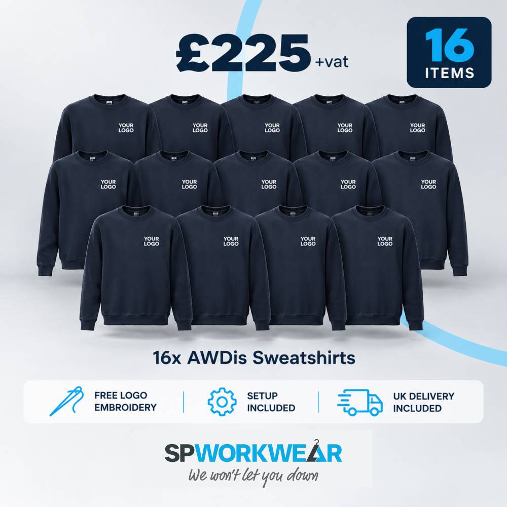 16x AWDis JH030 Sweatshirt Bundle 16 navy sweatshirts with embroidered logos, bundle deal for £225, 16 items included.