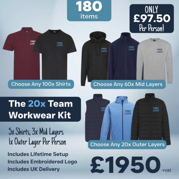 20 person team workwear bundle with branded polos mid layers and Regatta jackets