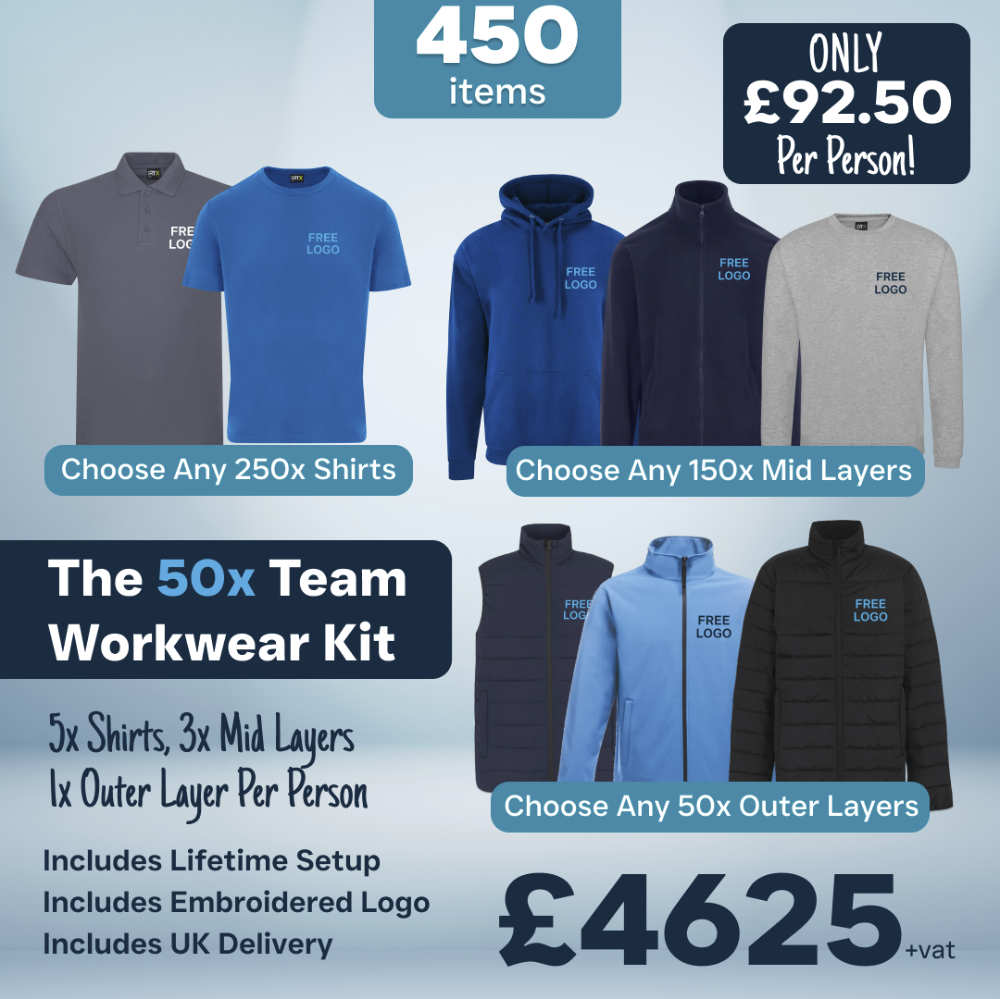 50x Team Workwear Kit – Multi-Team Workwear Bundle 50 person multi-team workwear bundle with branded t-shirts polos mid layers and Regatta jackets