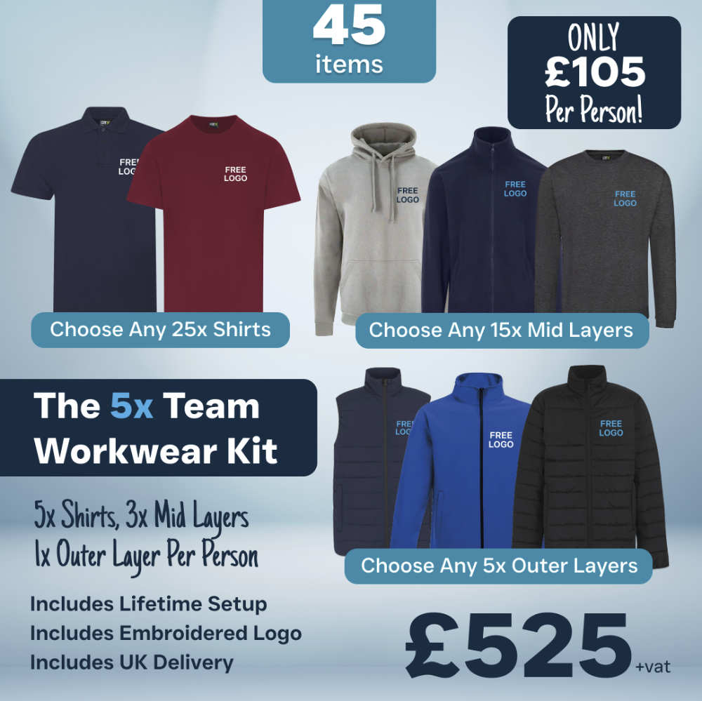 5 person team workwear bundle with branded t-shirts polos and Regatta jackets