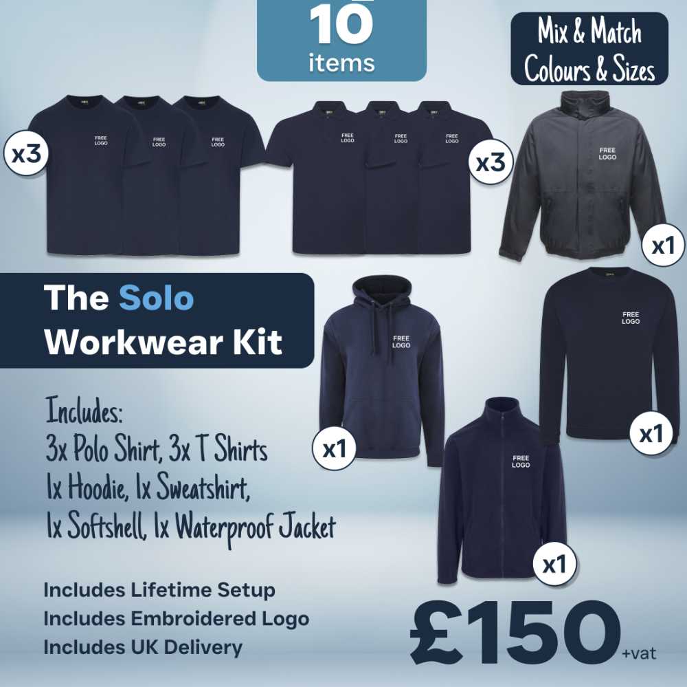 Solo workwear kit showing 10 branded items including polo shirts t shirts hoodie sweatshirt softshell and waterproof jacket with embroidery