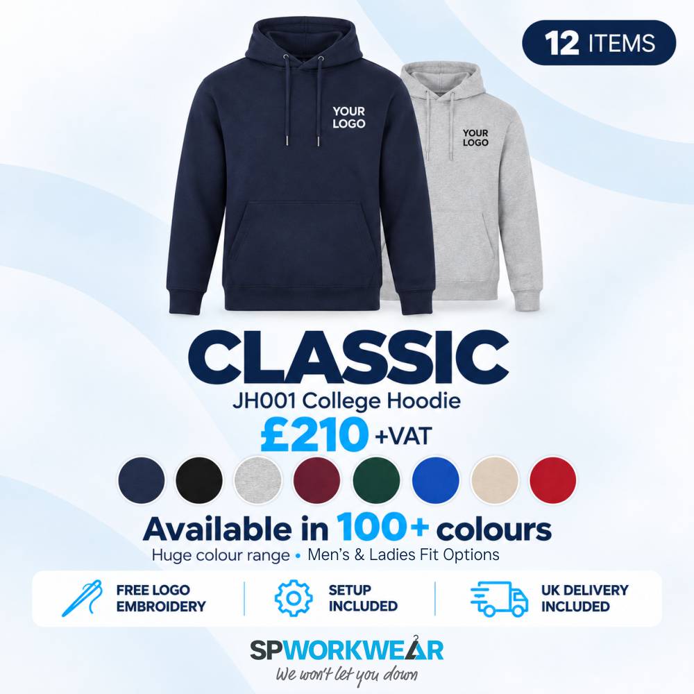 12x AWDis College Hoodie Bundle Two hoodies with "Your Logo" text, showing a bundle offer for 12 classic college hoodies.
