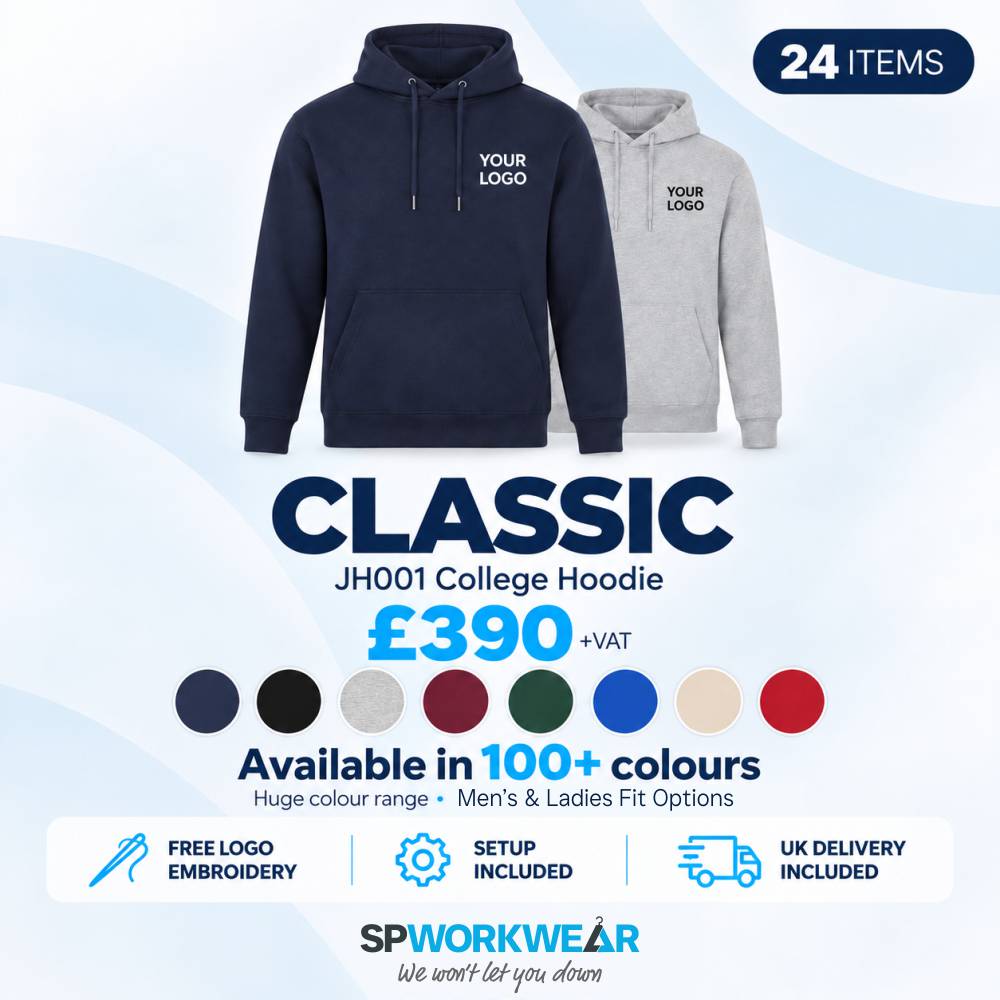 24x AWDis College Hoodie Bundle Two branded hoodies with price, color options, and offer details for a bulk bundle of 24 items.