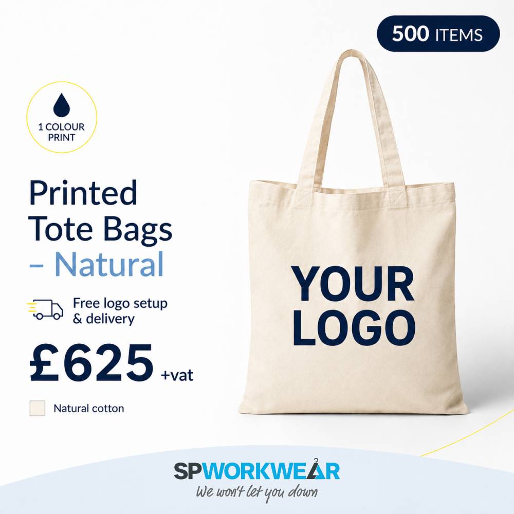 500x Printed Tote Bags Bundle - Natural Natural cotton tote bag with "Your Logo" printed, bundle of 500, price shown with details.