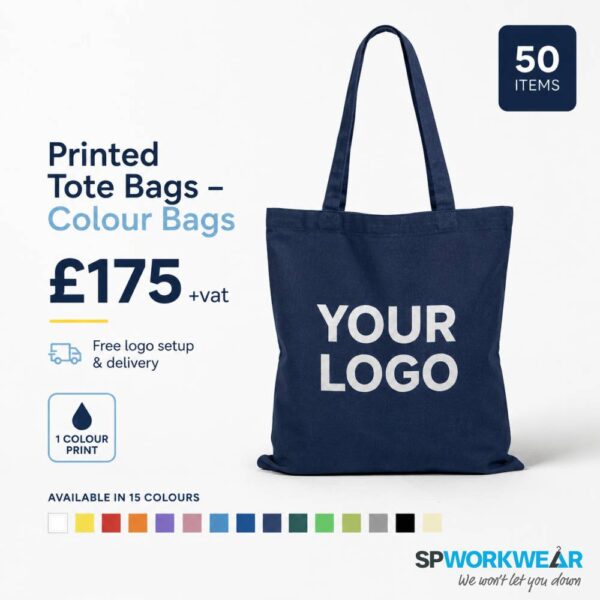 Navy tote bag with "YOUR LOGO" text, bundle of 50, available in multiple colors, £175 plus VAT.