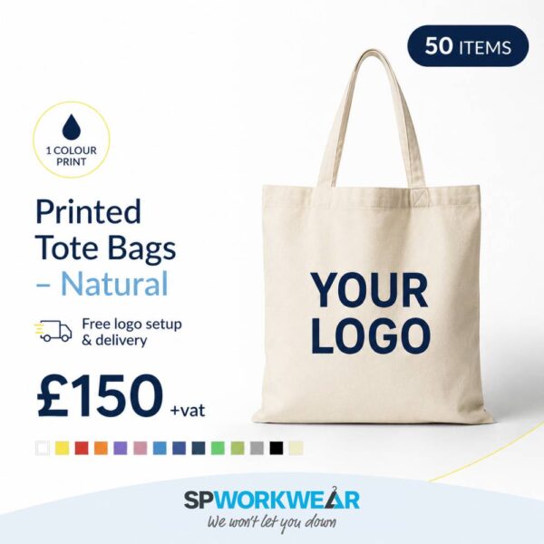 Natural tote bag with "Your Logo" text, 50 items for £150 plus VAT, includes free setup and delivery.