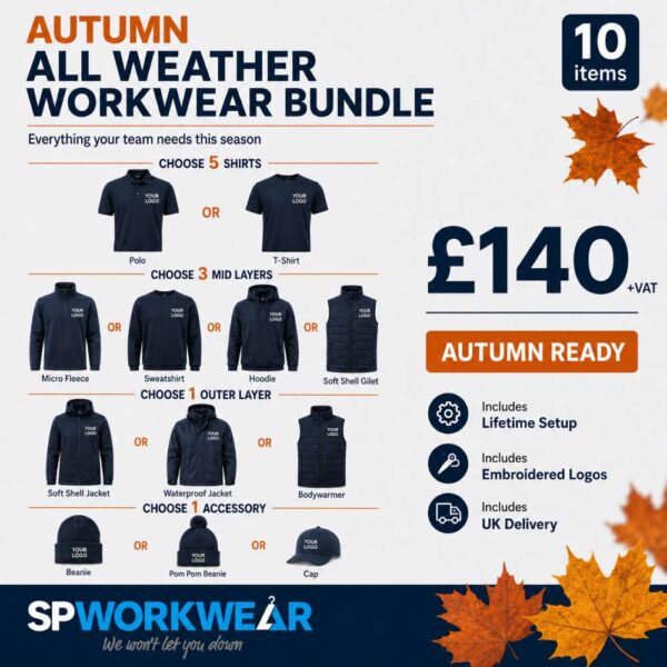 Autumn All Weather Workwear Bundle with shirts, mid layers, waterproof jacket, soft shell jacket, bodywarmer and branded headwear
