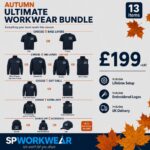 Workwear bundle offer with 13 clothing items, embroidered logos, and autumn leaves, priced at £199.