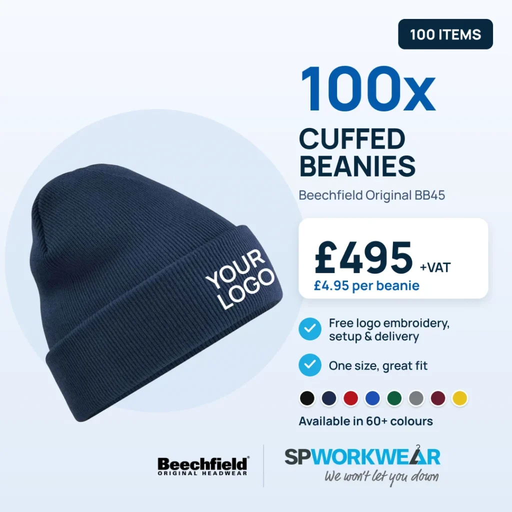 100x Beechfield Original cuffed beanies embroidered with your logo, £495 + VAT (£4.95 per beanie), available in 60+ colours