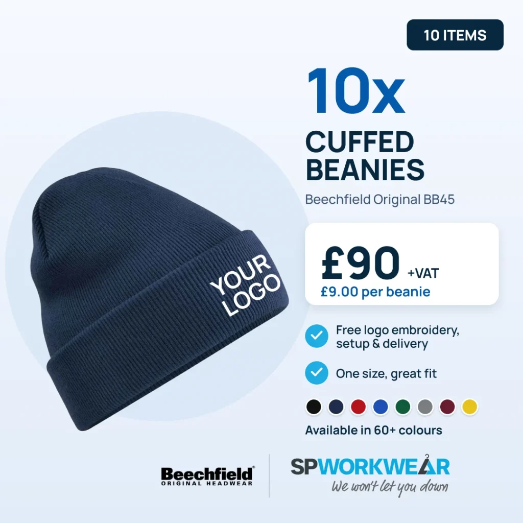 10x Beechfield Original cuffed beanies embroidered with your logo, £90 + VAT (£9.00 per beanie), available in 60+ colours