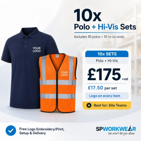 10 sets of a polo shirt and a hi vis vest, branded with your logo, £175 + VAT (£17.50 per set)