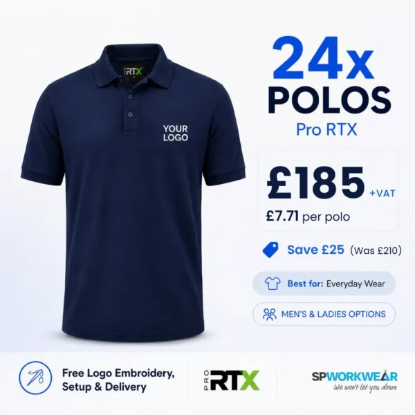 24 Pro RTX polo shirts embroidered with your logo, £185 plus VAT