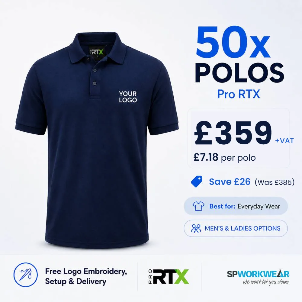 50 Pro RTX polo shirts embroidered with your logo, £359 plus VAT