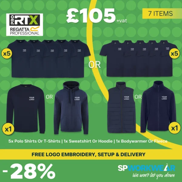 Spring Workwear Bundle: 5 polo shirts or T-shirts, a sweatshirt or hoodie and a bodywarmer or fleece, embroidered with your logo, £105 + VAT
