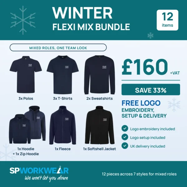 Winter Flexi Mix Workwear Bundle: 3 polos, 3 T-shirts, 2 sweatshirts, a hoodie, a zip hoodie, a fleece and a softshell jacket, all embroidered with your logo, £160 + VAT