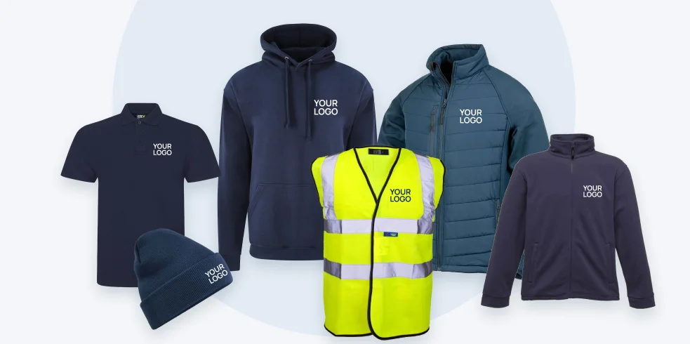 Navy branded polo, hoodie, padded jacket, fleece, beanie and yellow hi-vis vest, each showing where your logo goes